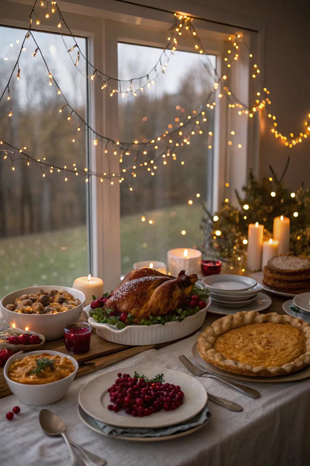 Fairy lights add a magical glow to the Thanksgiving table.