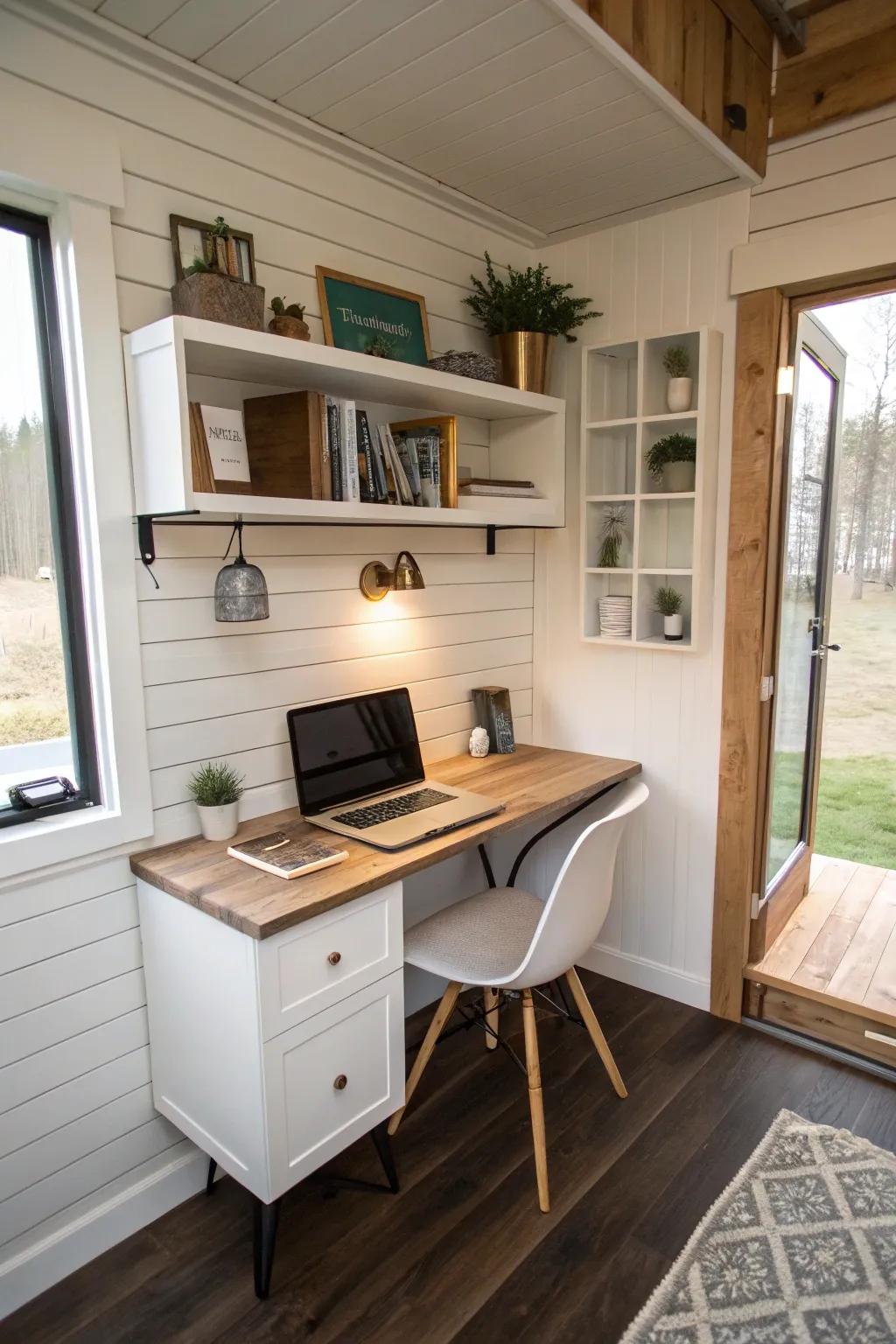 Wall-mounted furniture frees up floor space in this tiny house.