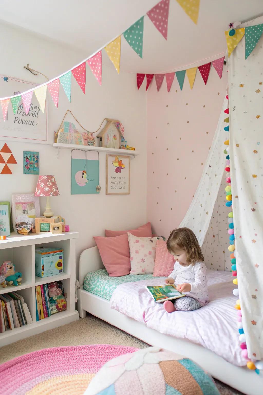 Colorful bunting adds a playful and festive atmosphere to the bedroom.