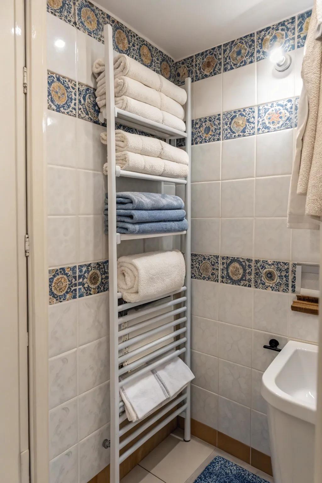 Fold-down racks save space and keep towels handy.