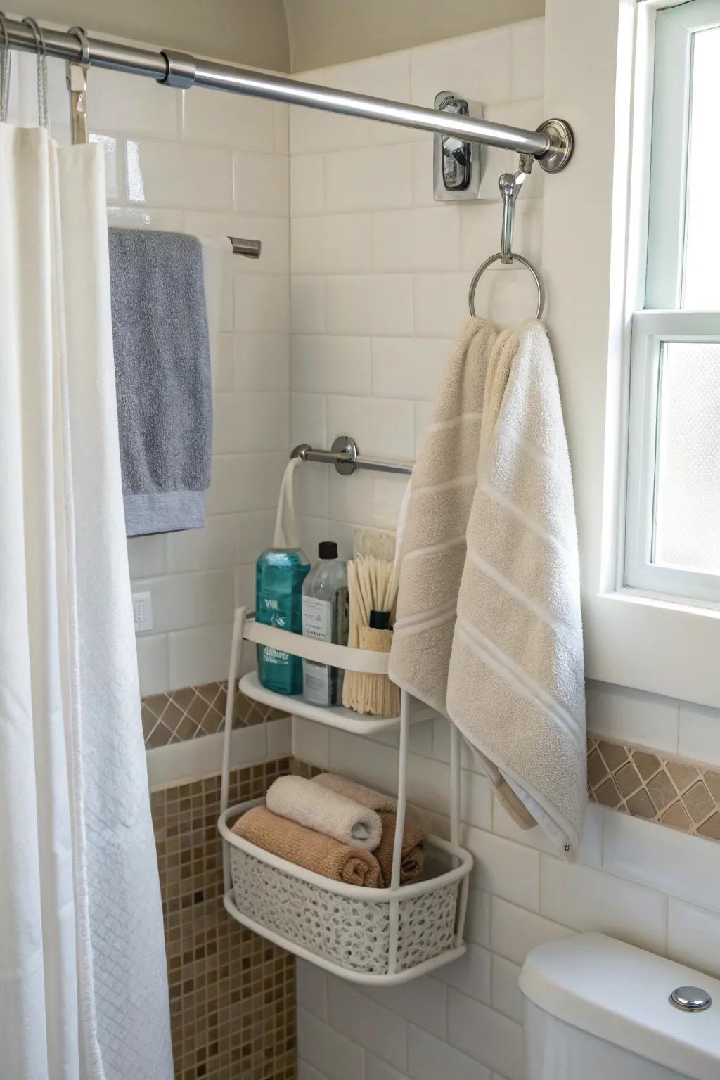 A second shower rod offers extra storage within reach.