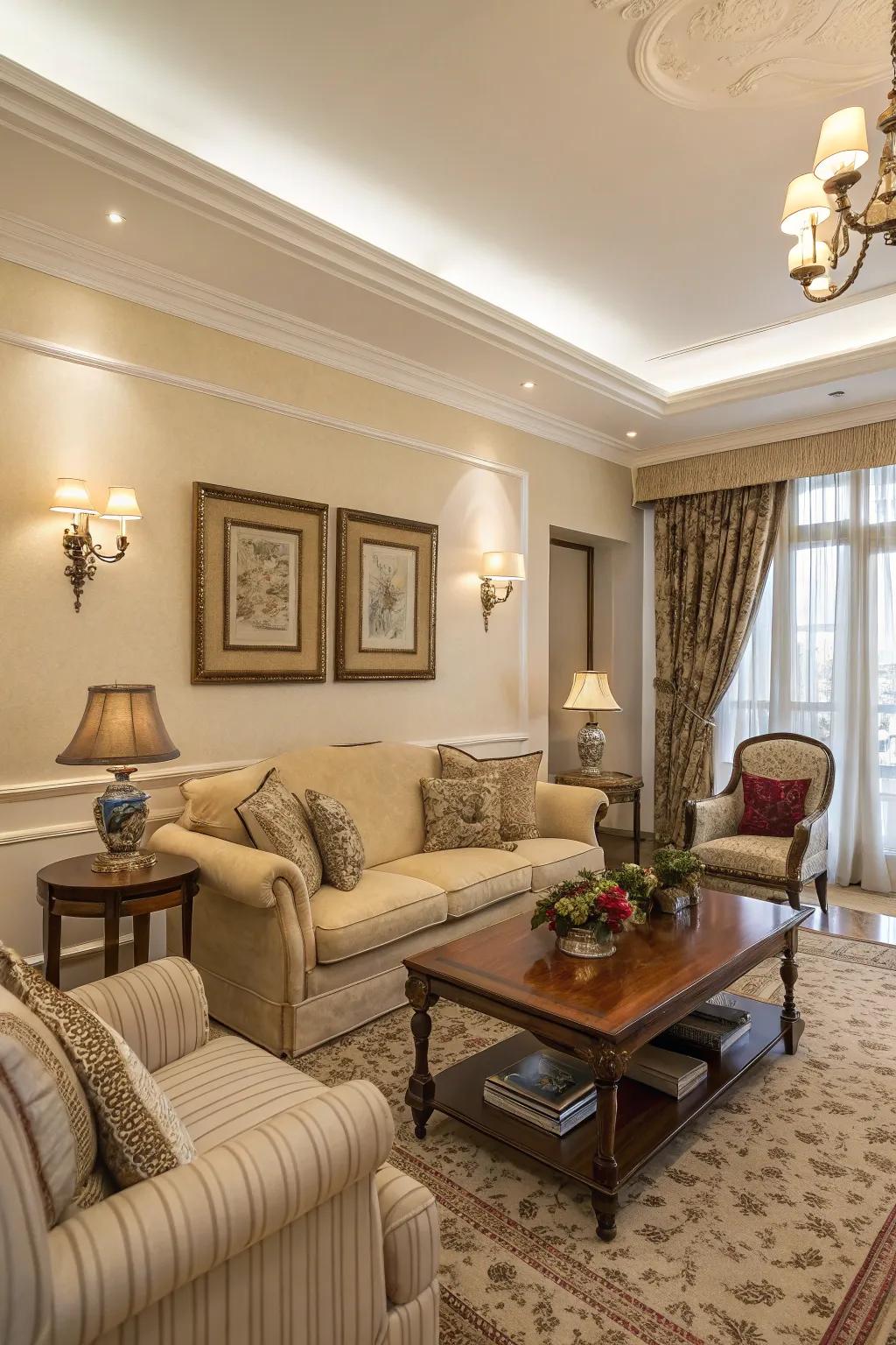 A townhouse sitting room with elegant beige walls for timeless style.