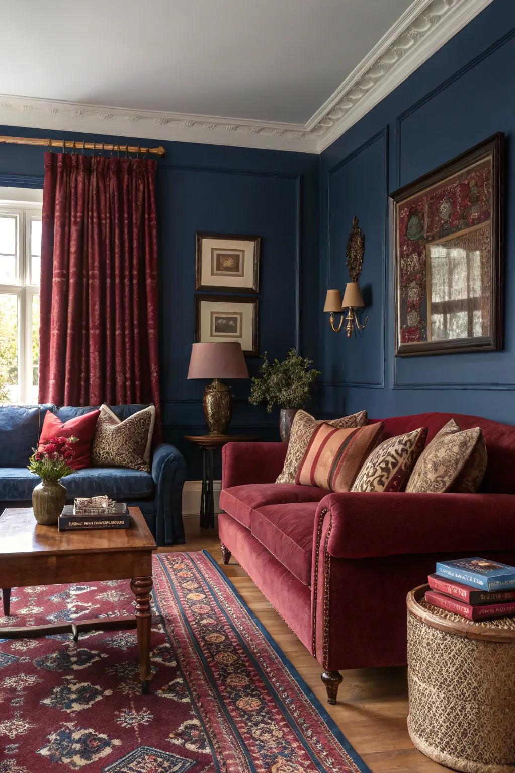 Bold accent colors enhance the vibrancy of this traditional living room.