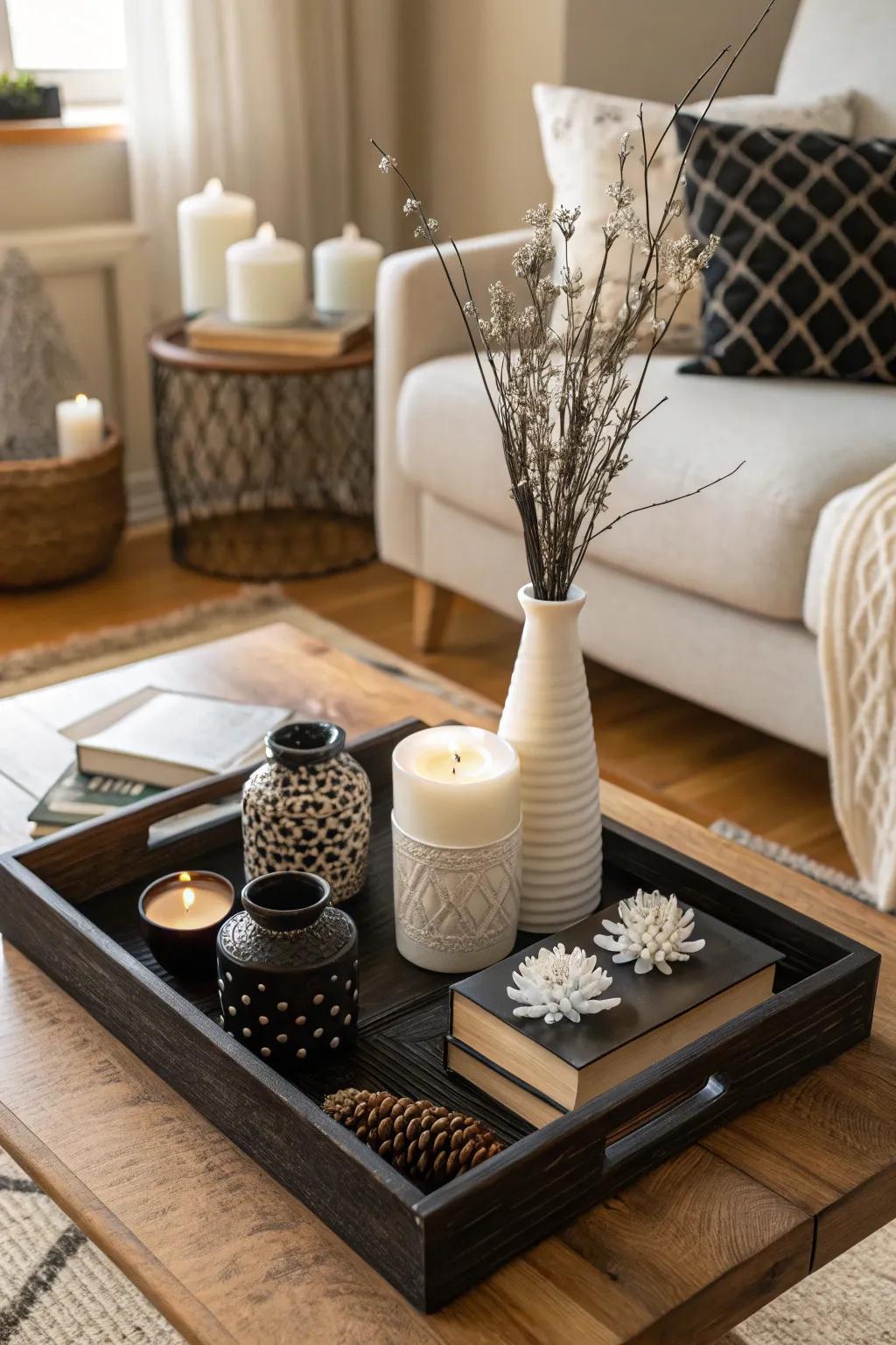 Achieve elegance with a monochrome tray display.