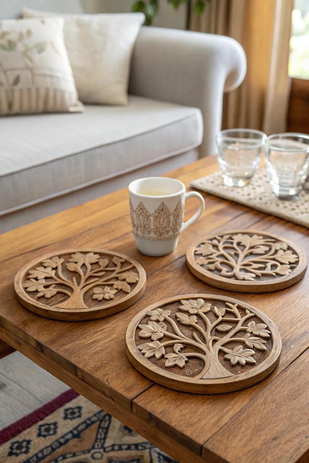 Tree of Life coasters add charm and protection to a coffee table.