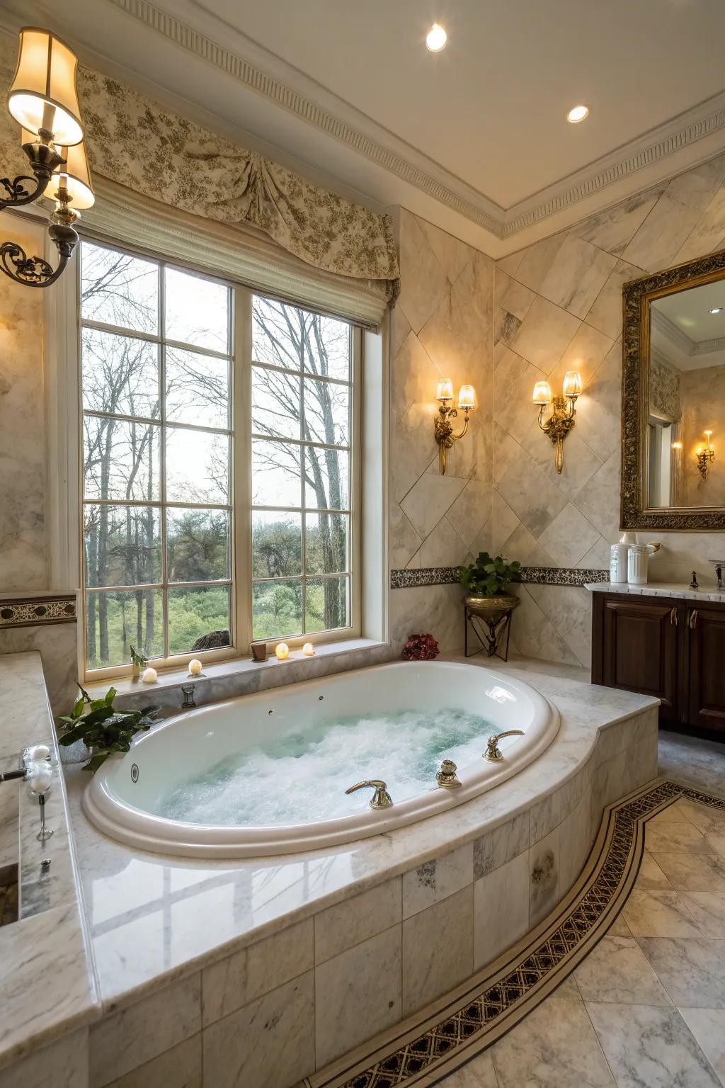 A whirlpool tub adds luxury and relaxation to a modern bathroom.