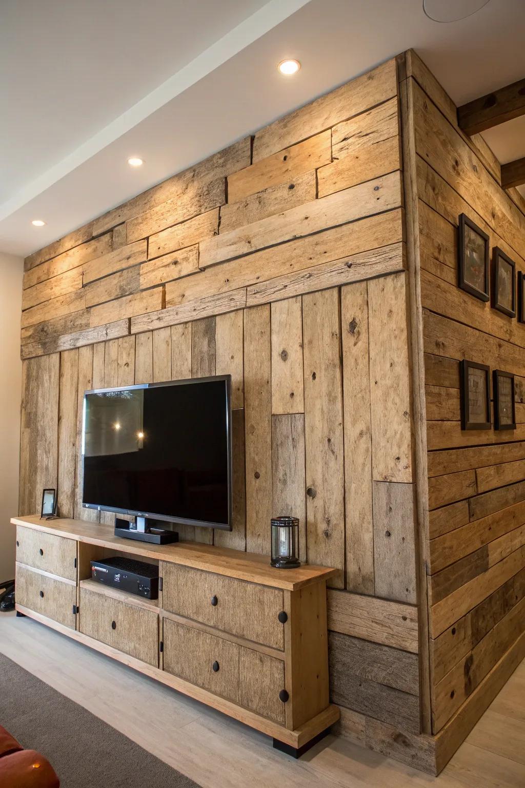 Rustic elements bring warmth and charm to TV walls.