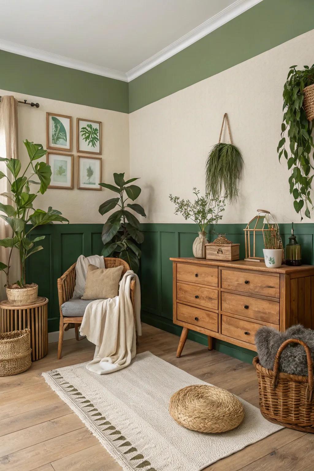 Forest green and cream create a harmonious natural look.