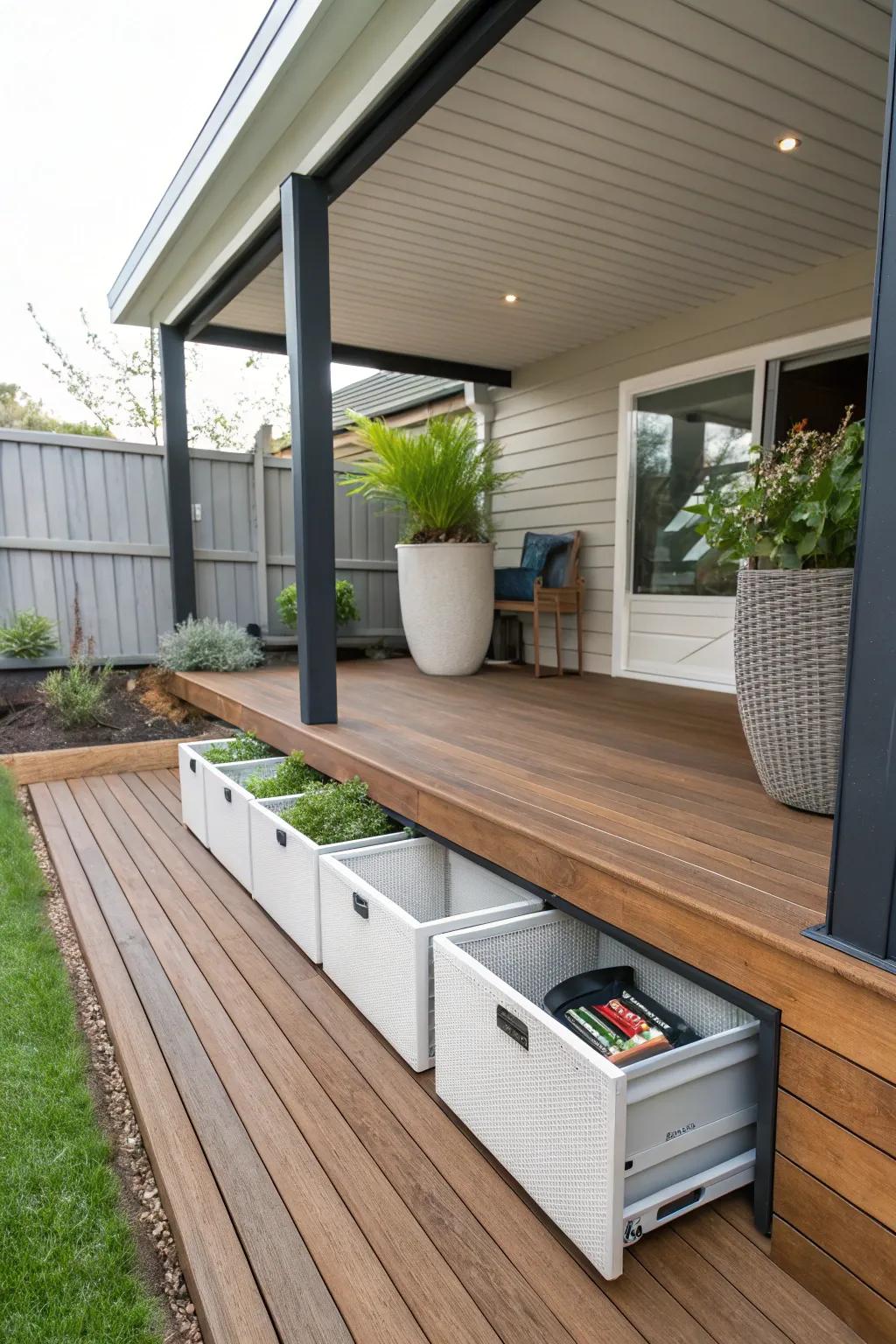 Concealed storage keeps your under deck area tidy and visually appealing.