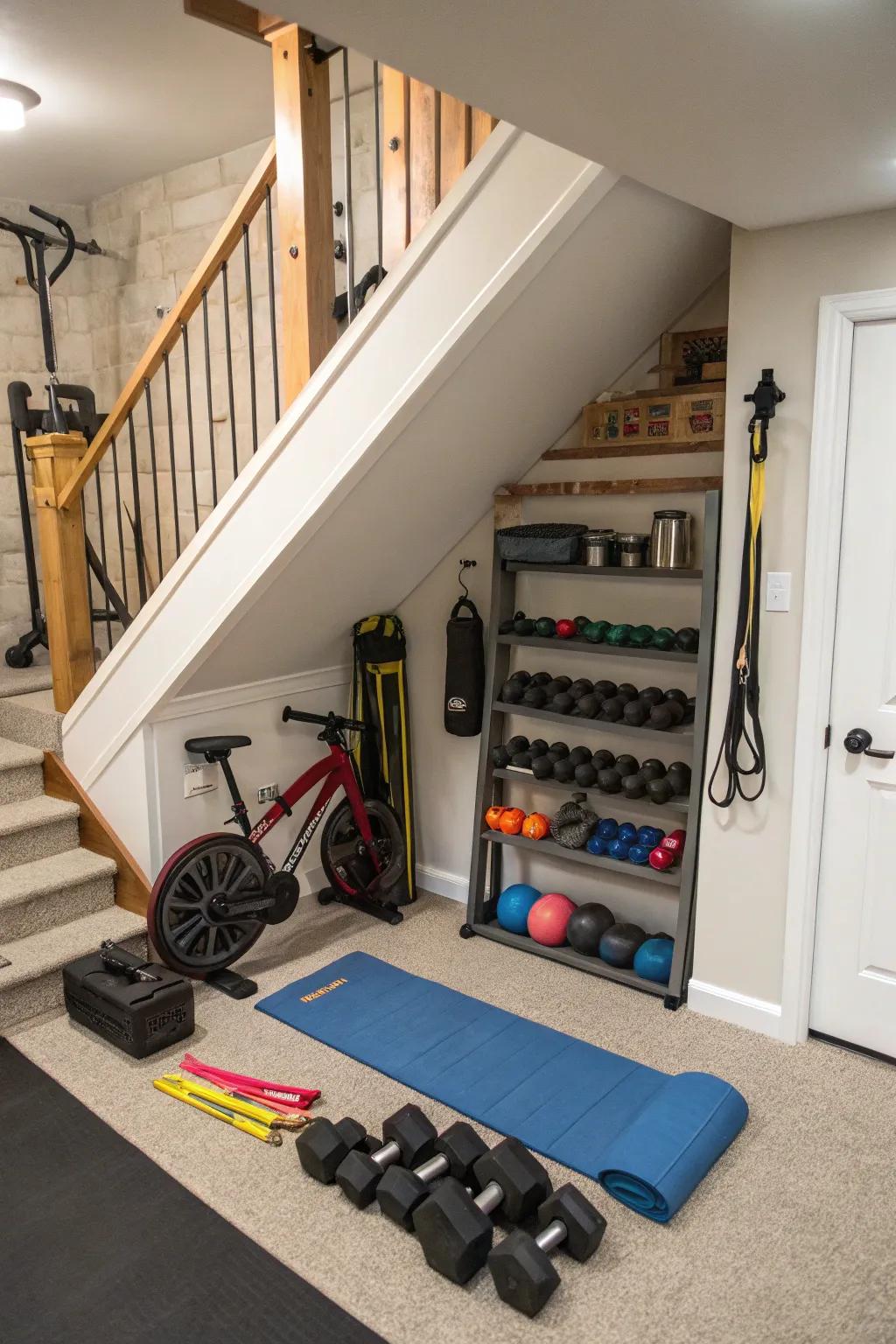 A mini gym under the stairs encourages a healthy lifestyle.