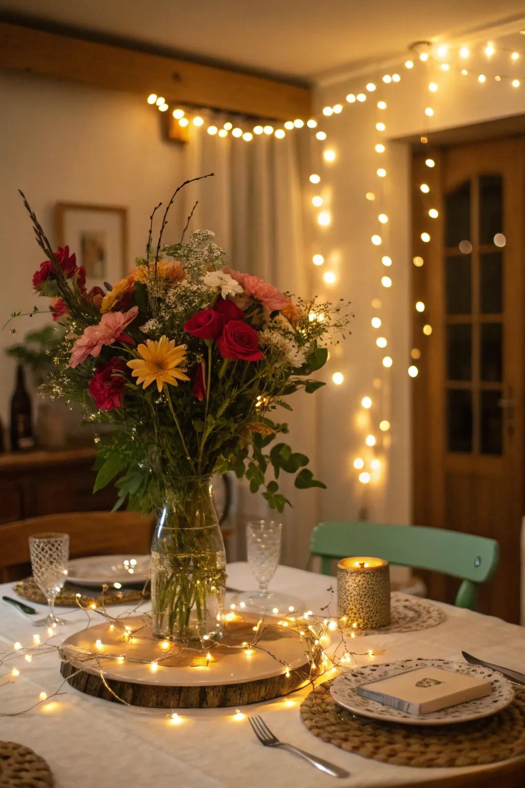 Fairy lights add a magical sparkle to the centerpiece.