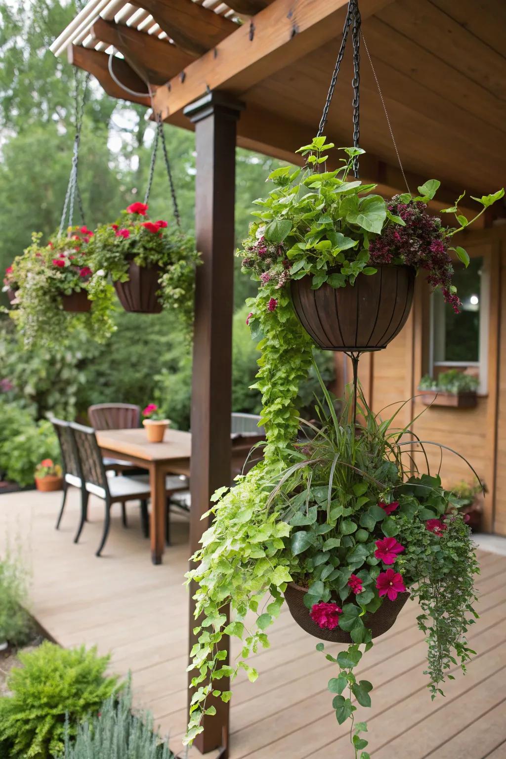 Hanging pots adding vertical interest to a patio.