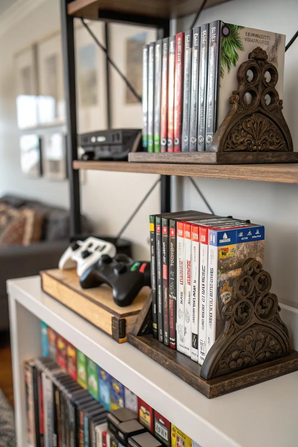 Decorative bookends adding style and function to a video game shelf.