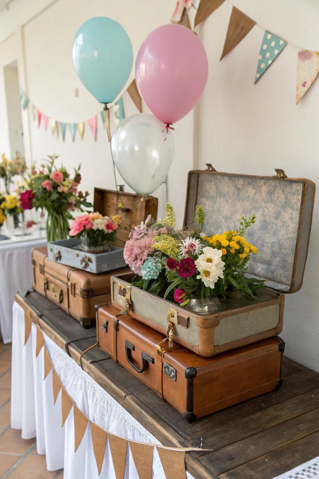 Charming vintage suitcases adding character to the party decor.