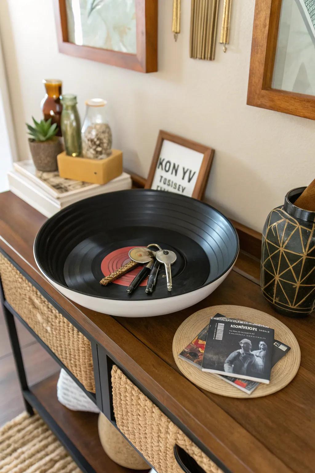 Craft vinyl records into bowls for unique storage solutions.