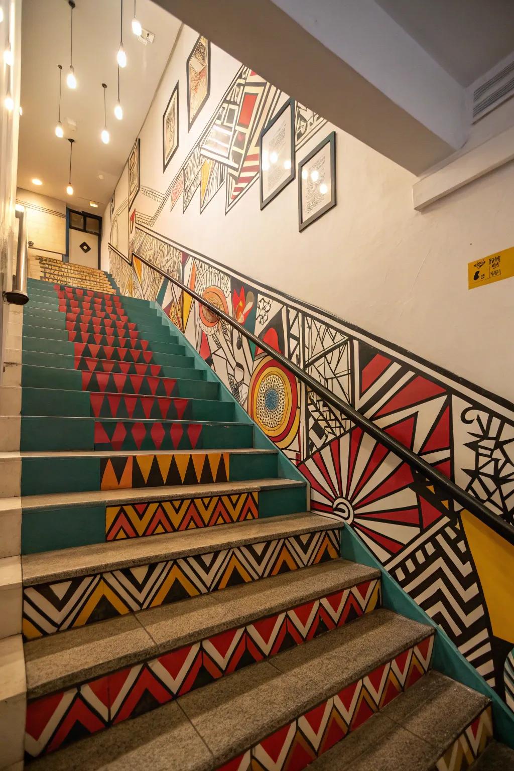 Geometric patterns can bring a modern touch to your staircase wall.