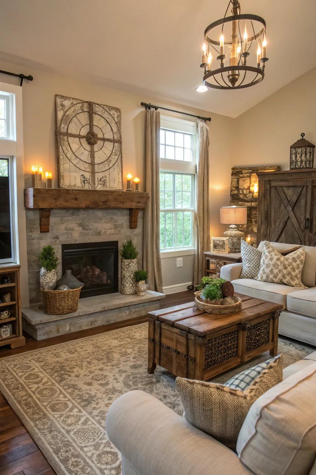 Architectural salvage adds a timeless touch to the room.