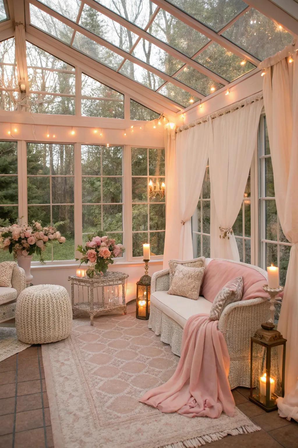 Sunroom with warm blush walls, offering a soft and glowing atmosphere.