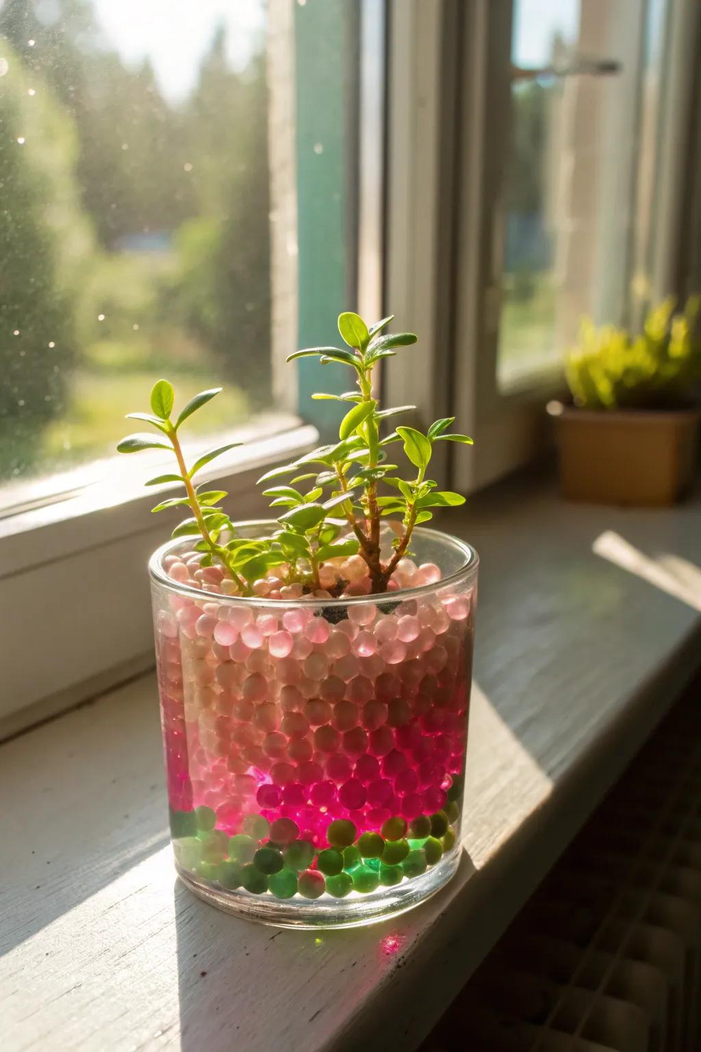 Garden-inspired centerpieces with water beads and plants.