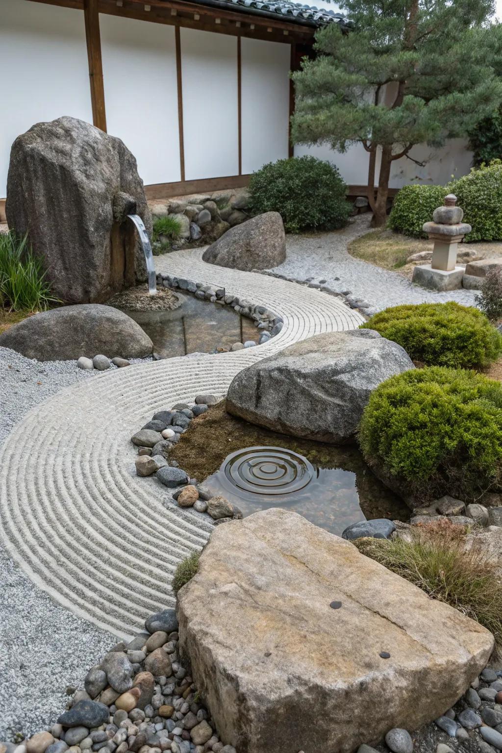 Zen rock gardens paired with water features create a serene, meditative feel.