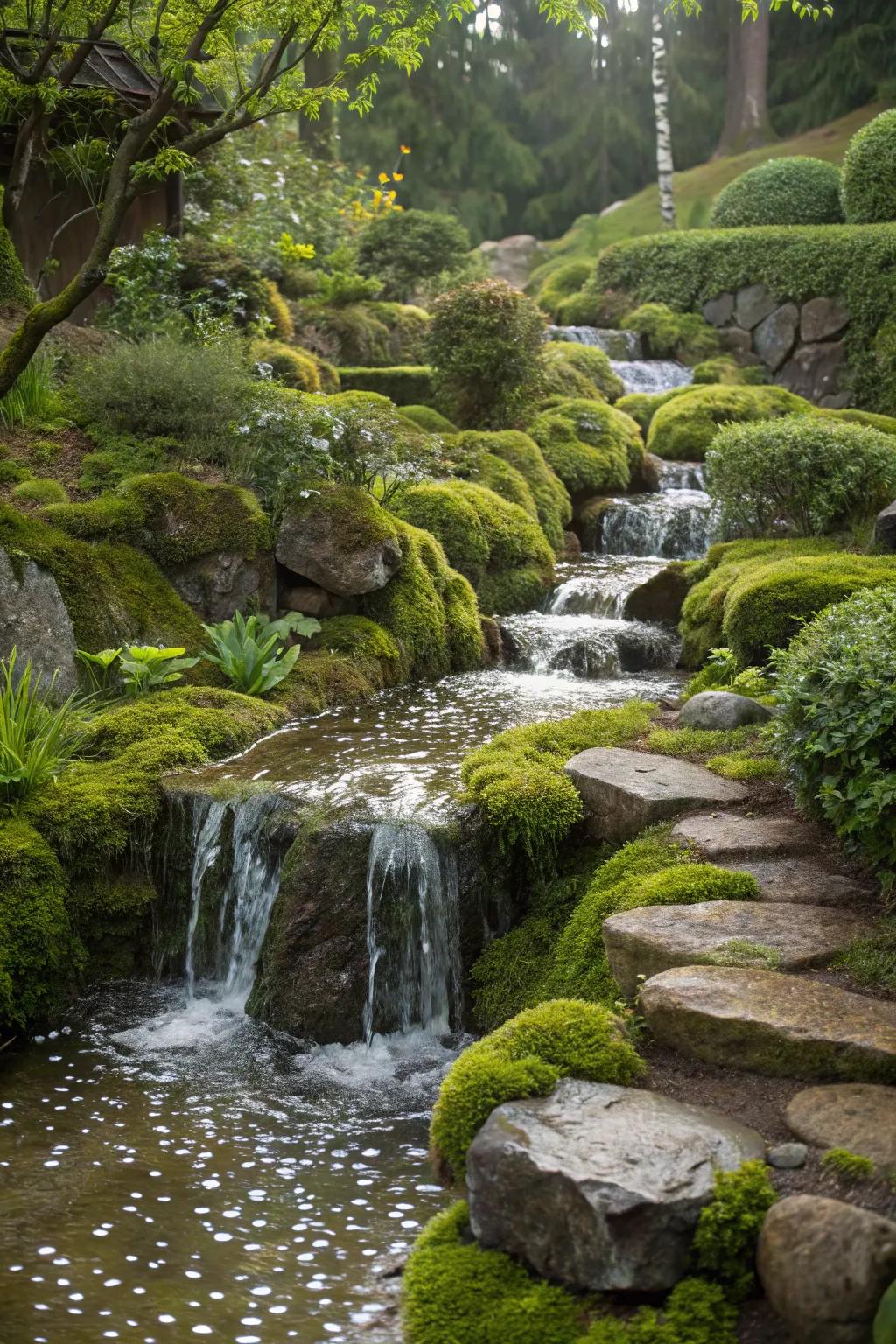 A mystical garden waterfall featuring mossy stones for a forest-like atmosphere.