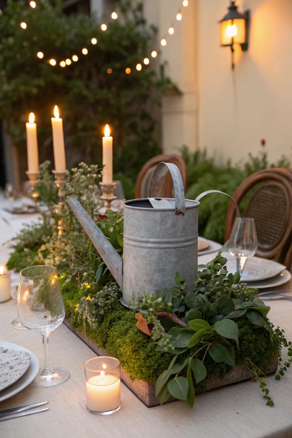 An ambient centerpiece using a watering can and candles.