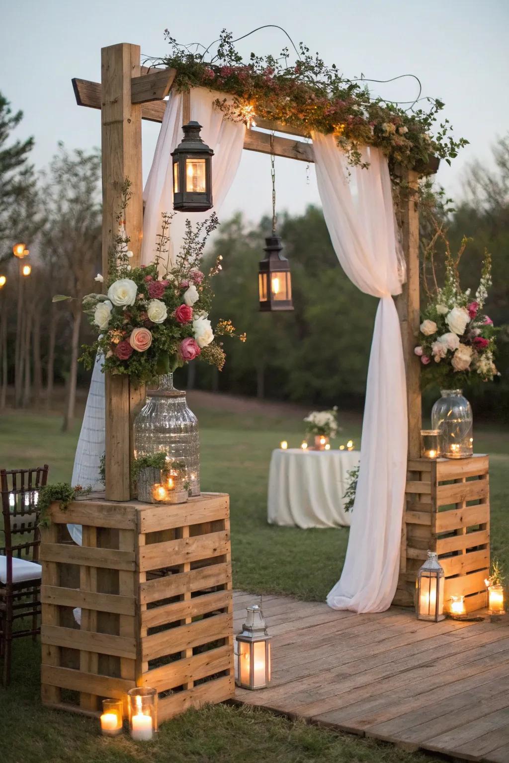 A cozy pallet arch that exudes a rustic, inviting charm.