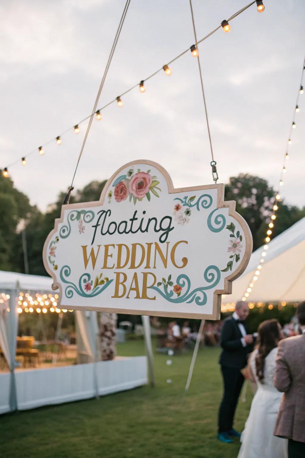 A whimsical floating bar sign with clear lines.