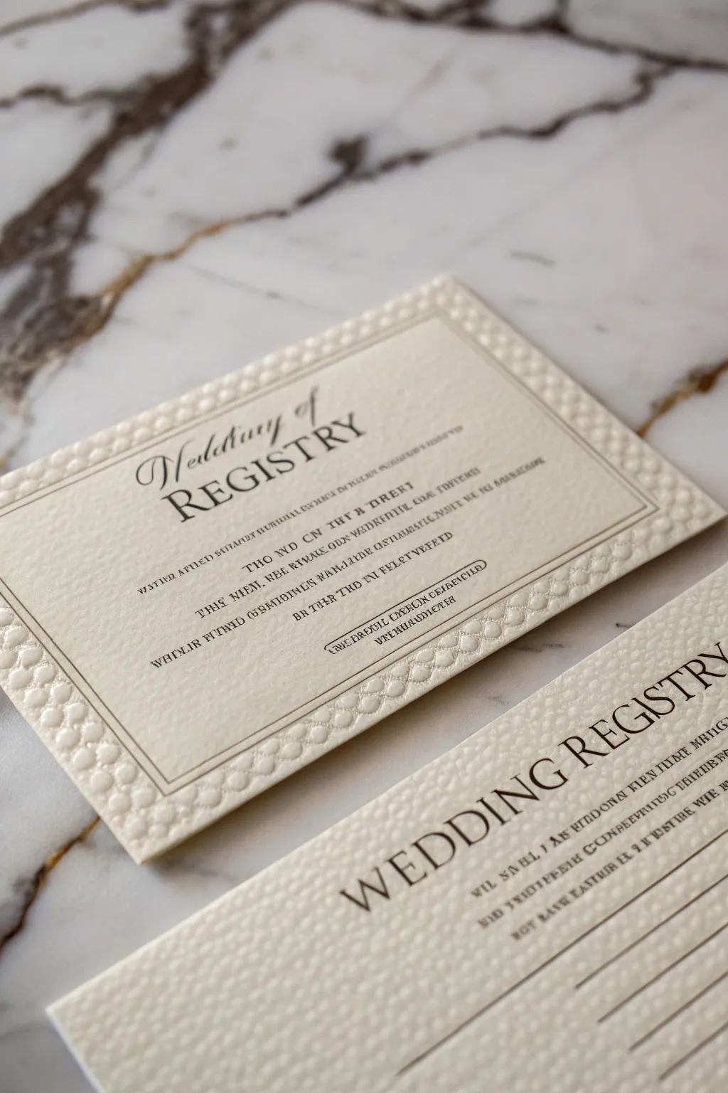 A registry card with a unique textured paper for added elegance.