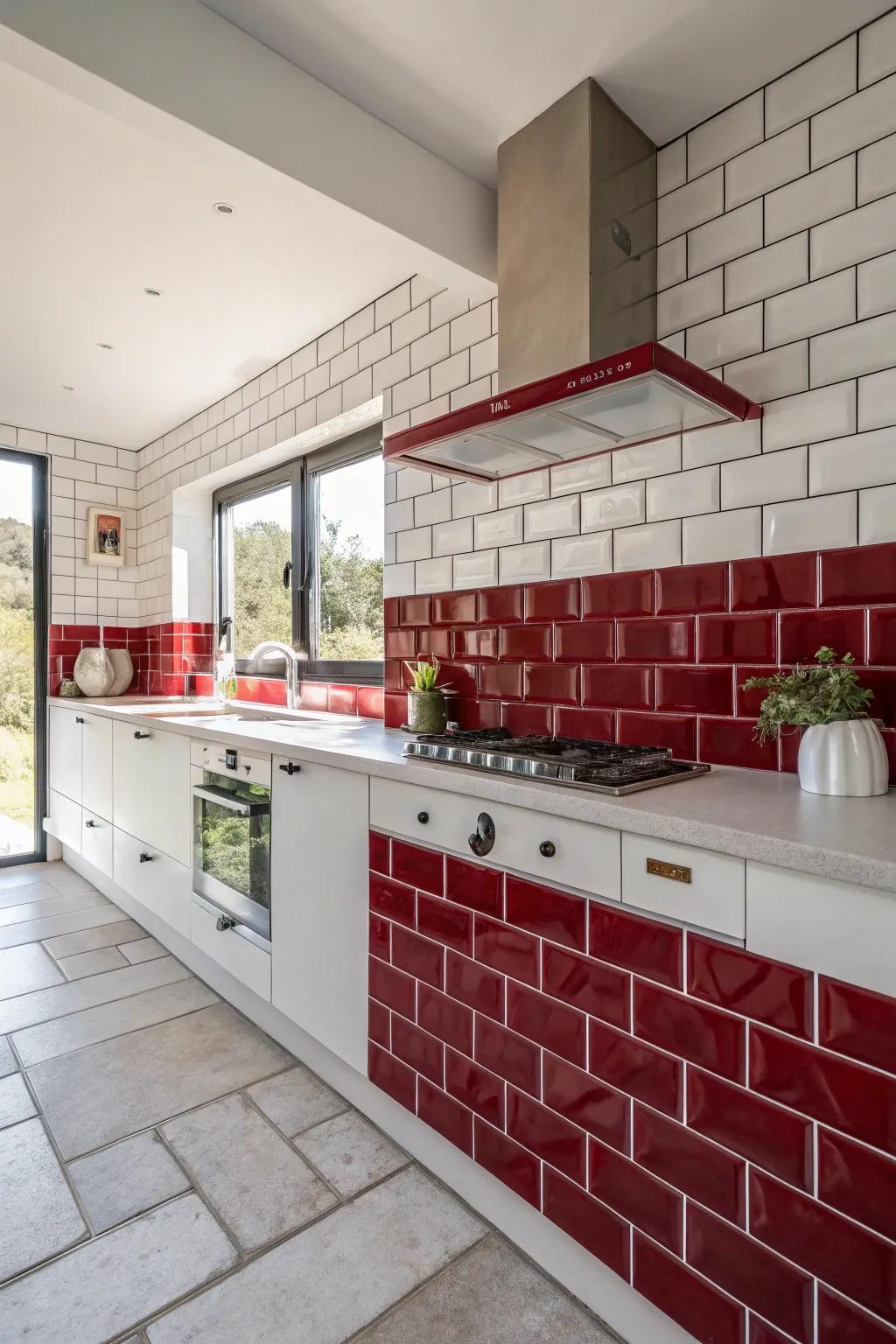 Deep red grout adds a striking and transformative touch.