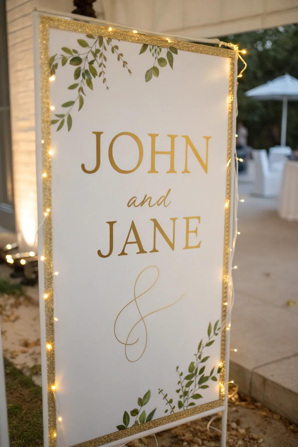 Unique white and gold wedding signage.