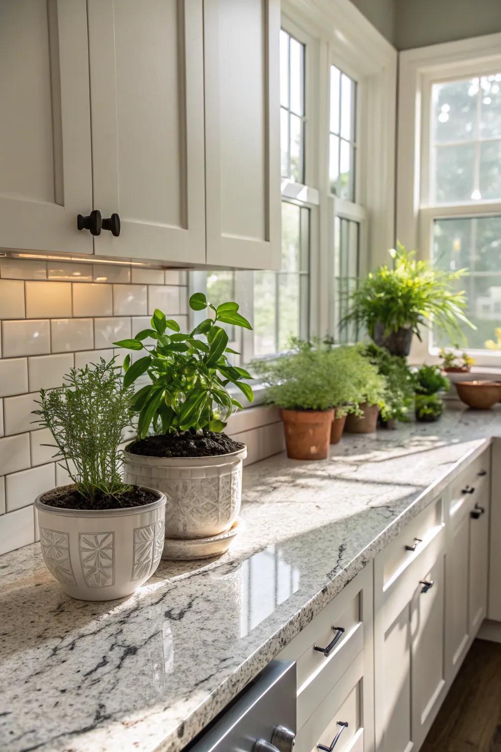 Natural greenery breathes life into a kitchen with white ice granite.