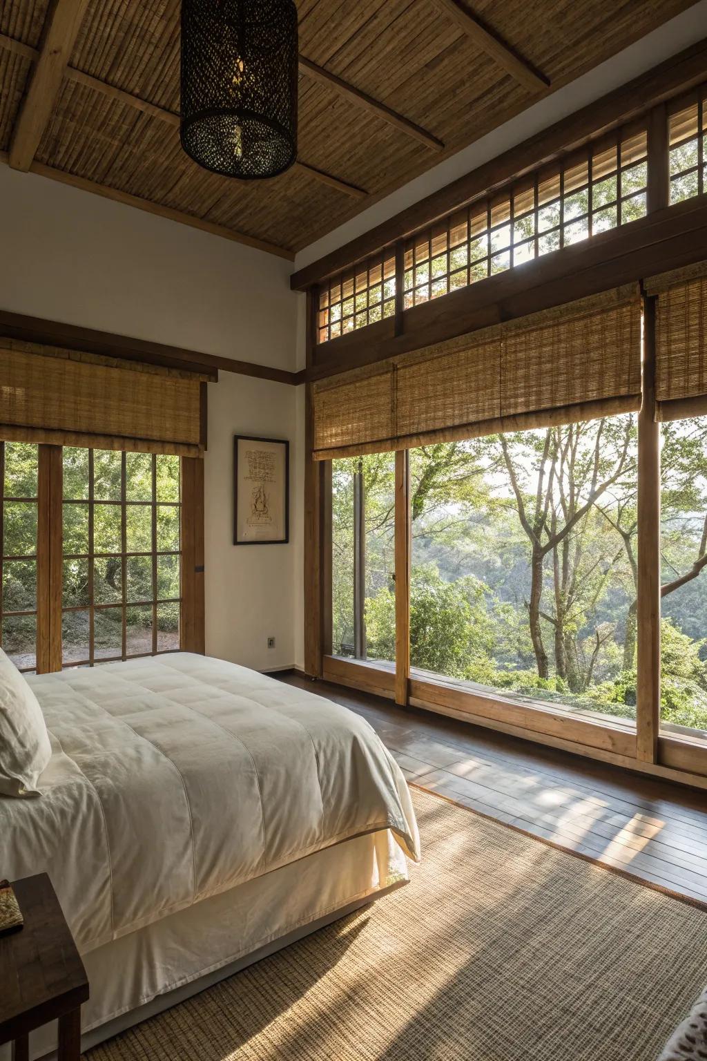 Bamboo shades offer a natural touch to casement windows.