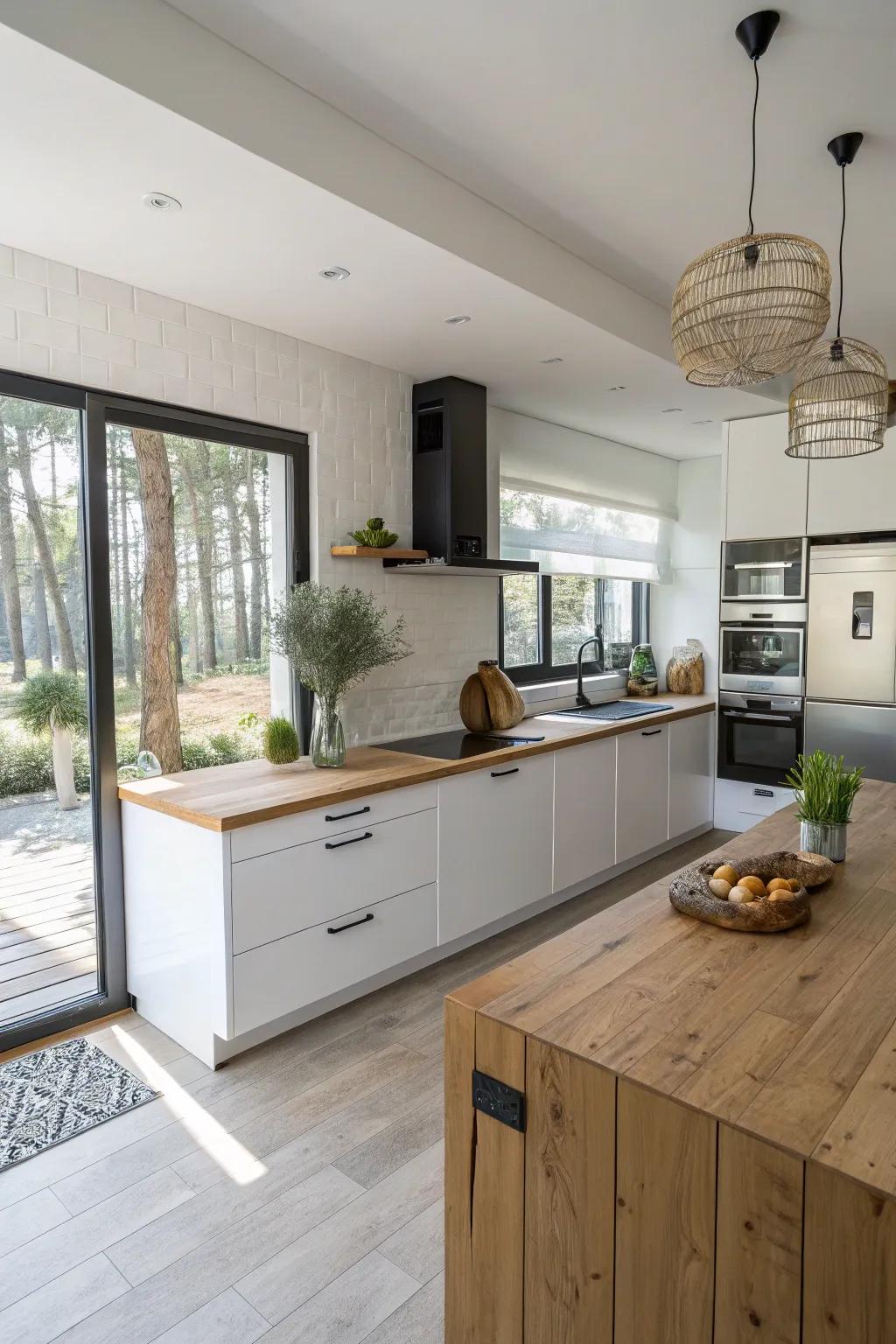 A floating wood countertop for a modern and airy kitchen.