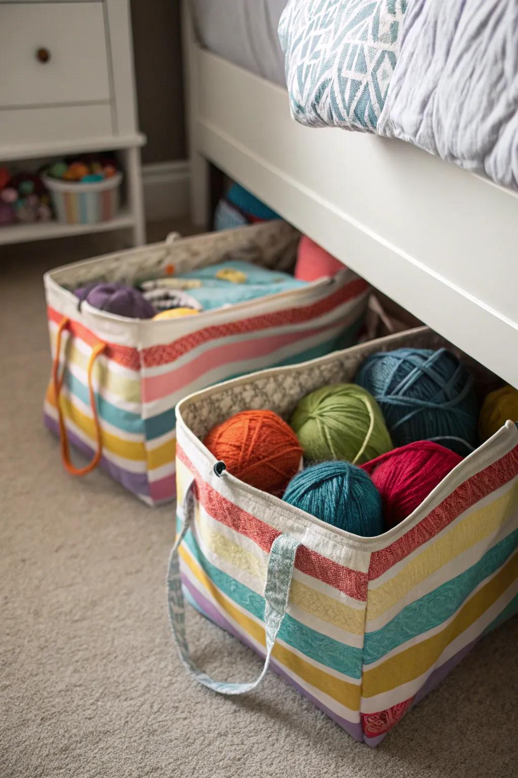 Under-bed storage bags keep yarn hidden yet accessible.