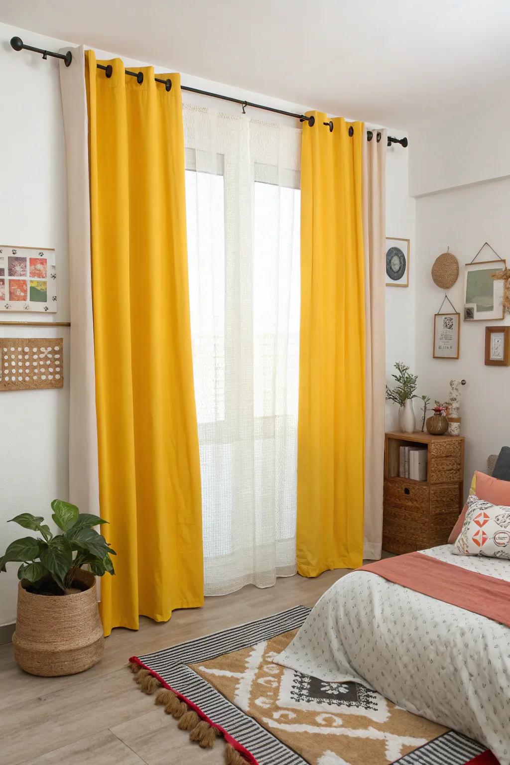 Color-blocked yellow curtains add a playful and artistic touch to the bedroom.