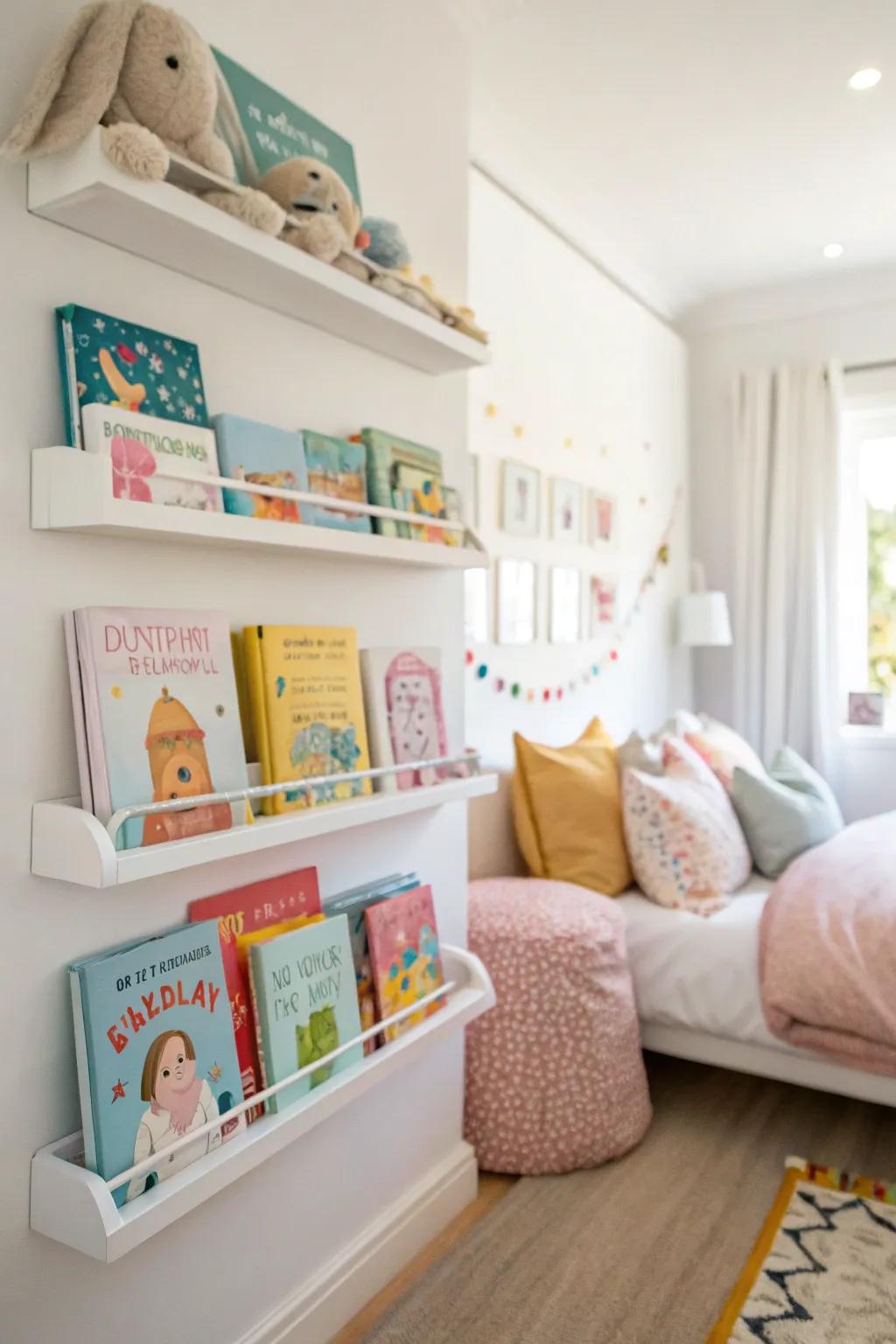 A mini gallery of books encourages reading and decorates the space.