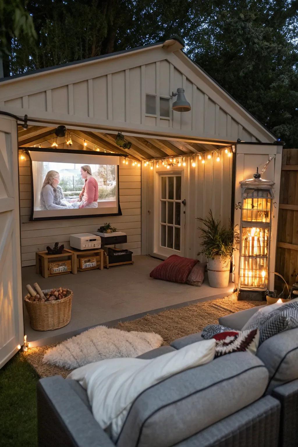 Enjoy movie nights in your own home cinema shed setup.