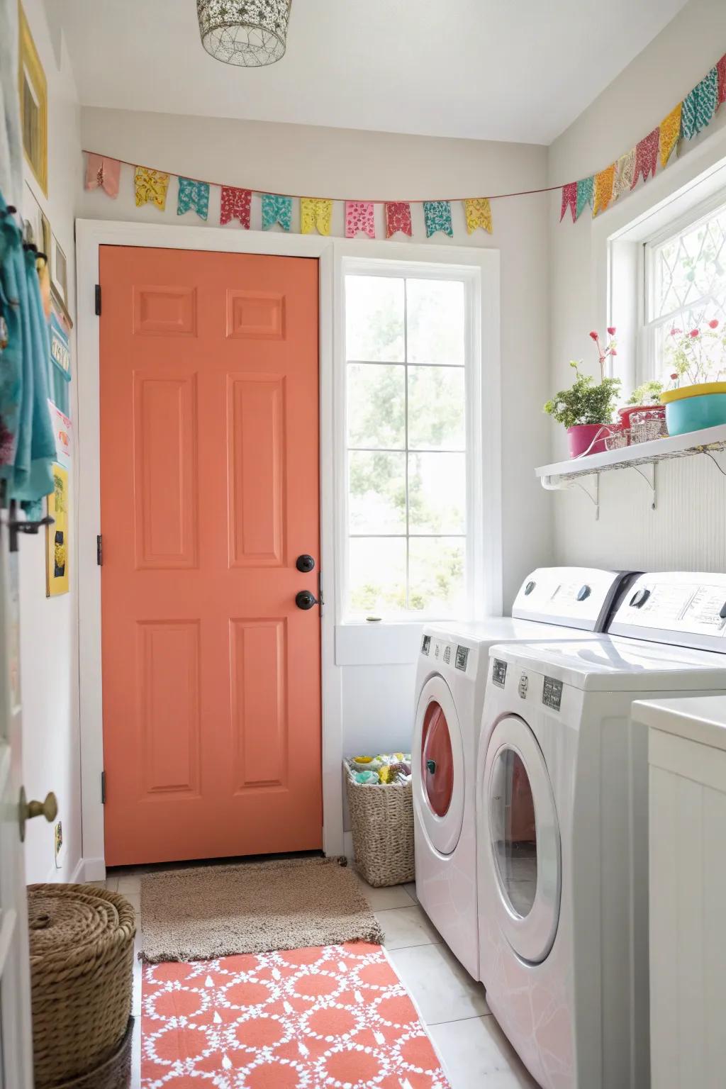 A coral 6-panel door adds a happy touch to this bright laundry room.