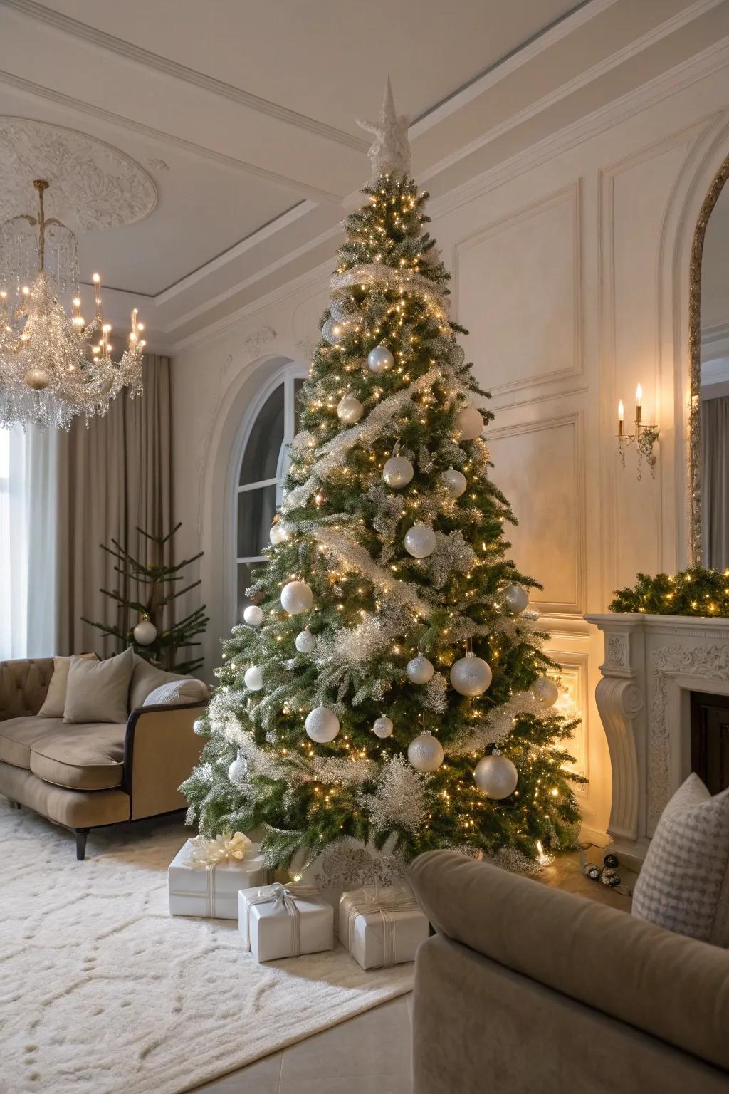 A peaceful and elegant Christmas tree in a white-on-white theme.