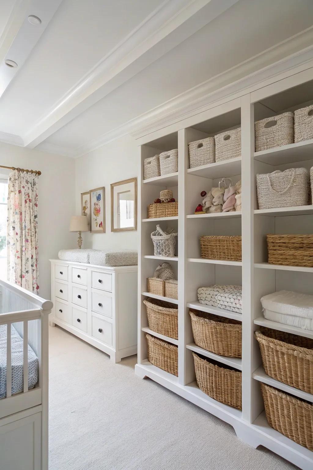 Smart storage solutions keep a white nursery organized and tidy.