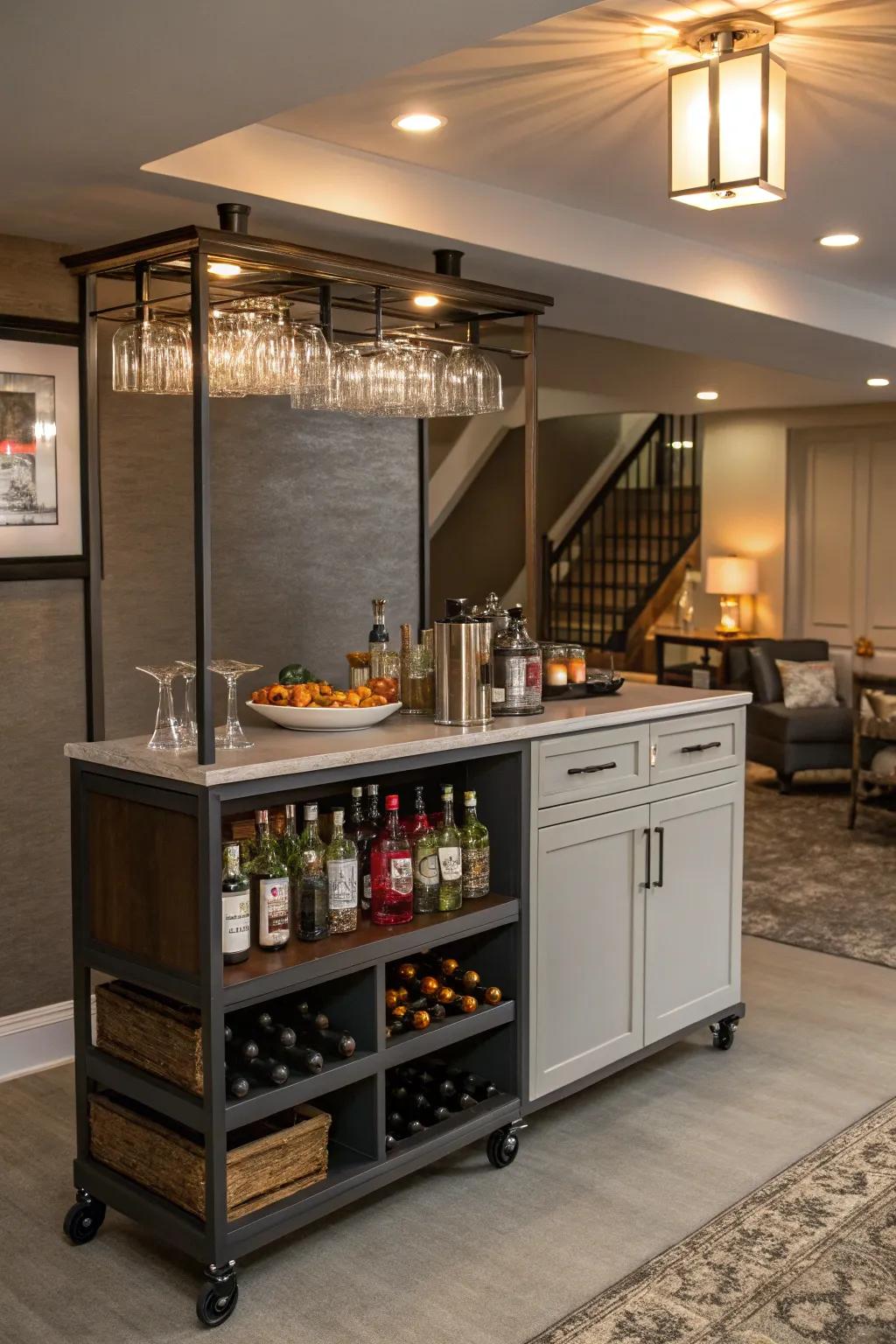 A mobile beverage cart adds flexibility to this bar.