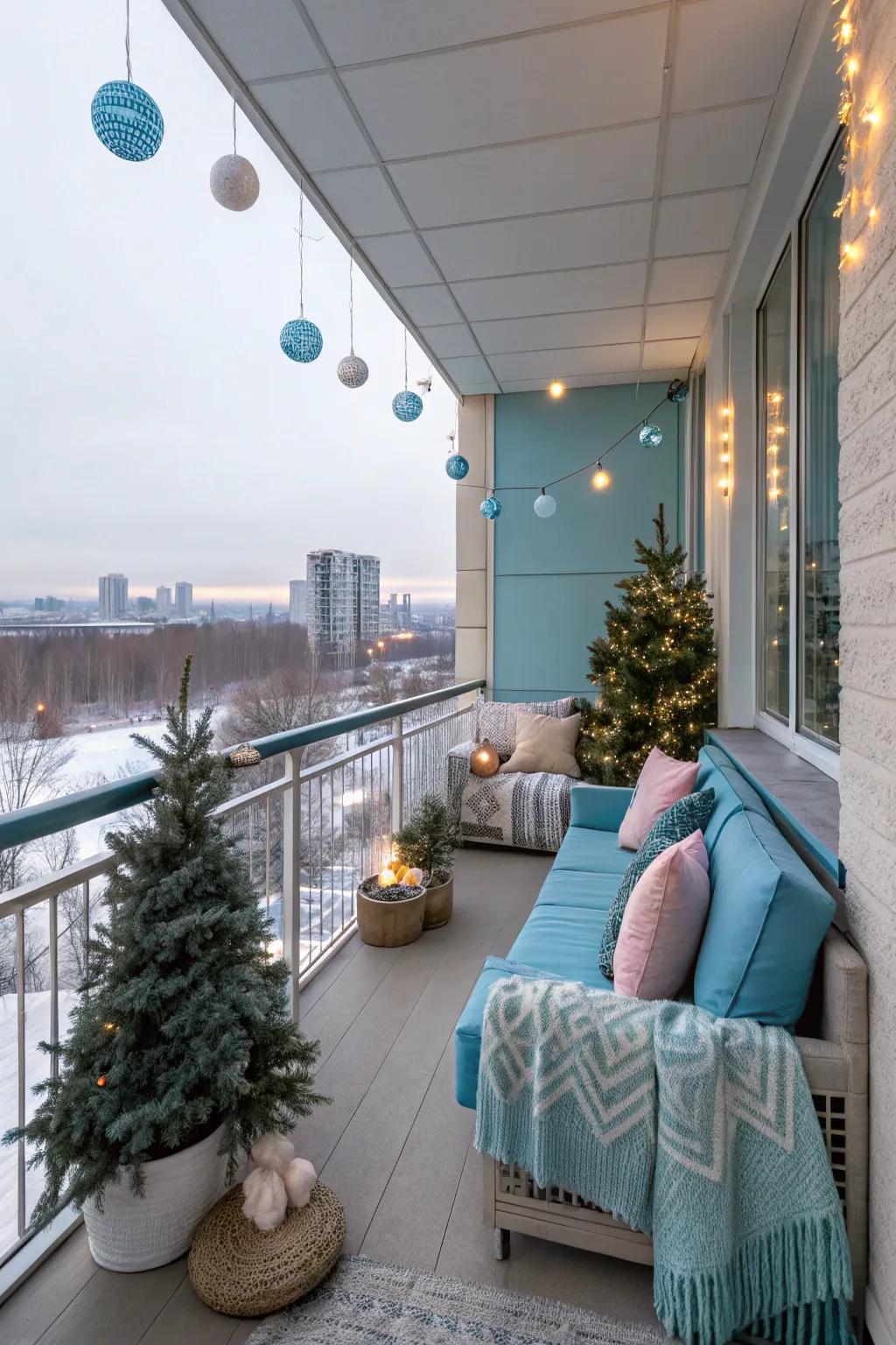 Modern colors give this balcony a unique festive flair.