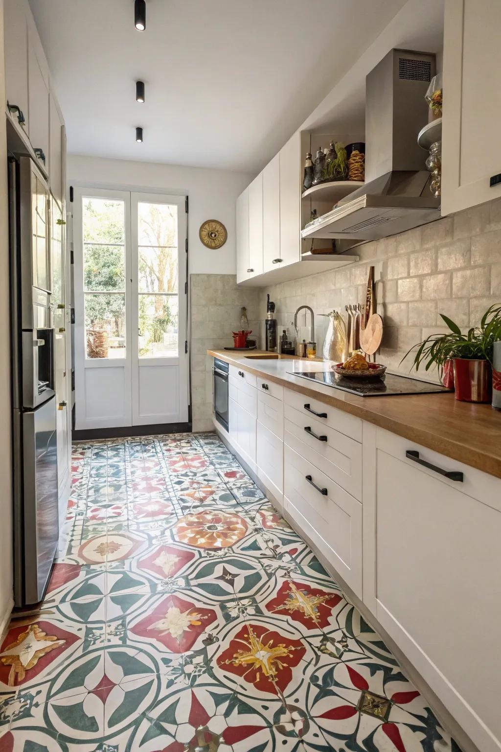 Patterned flooring adds a stylish statement to your kitchen.