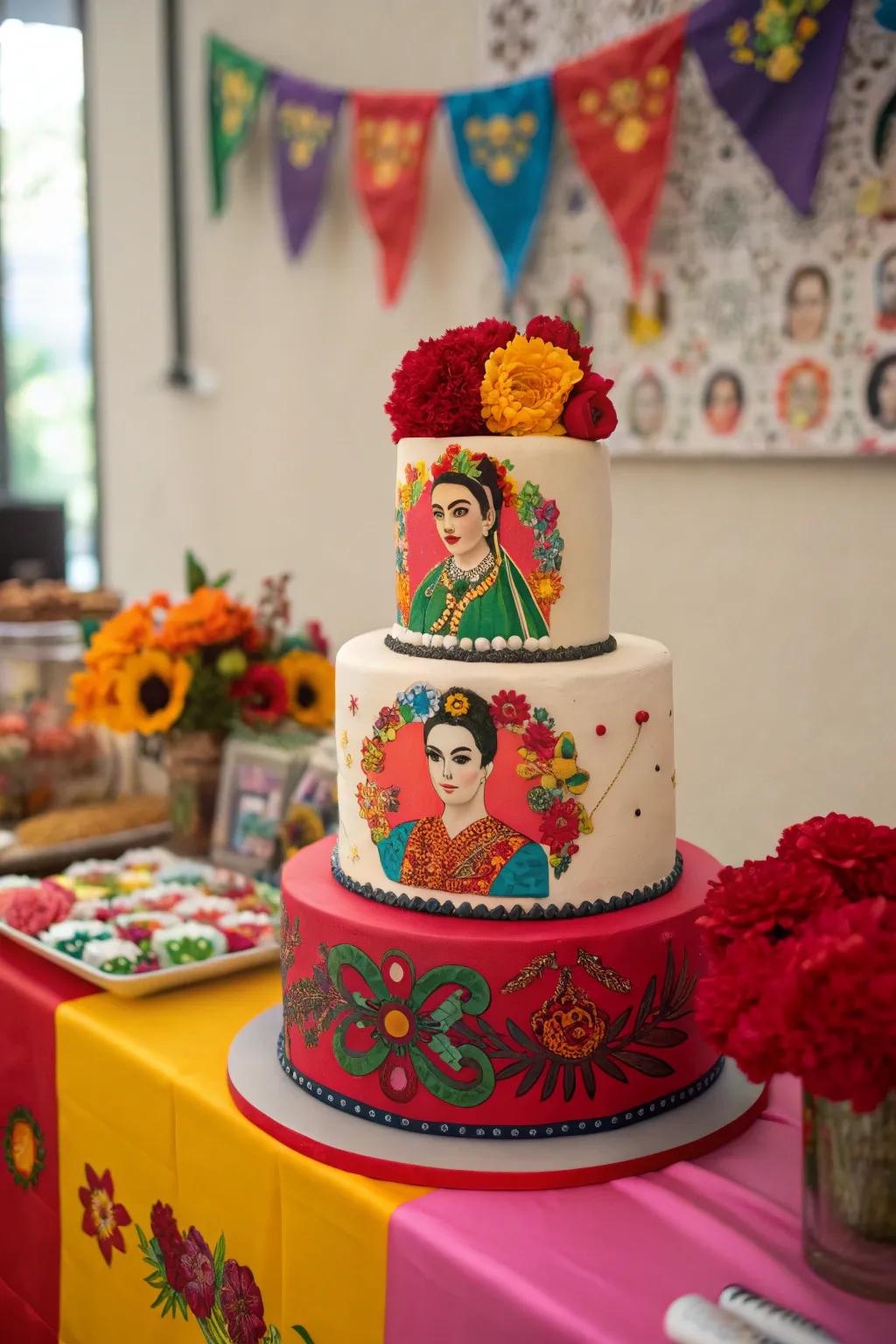 A Frida Kahlo cake captures the vibrant spirit of her iconic style.