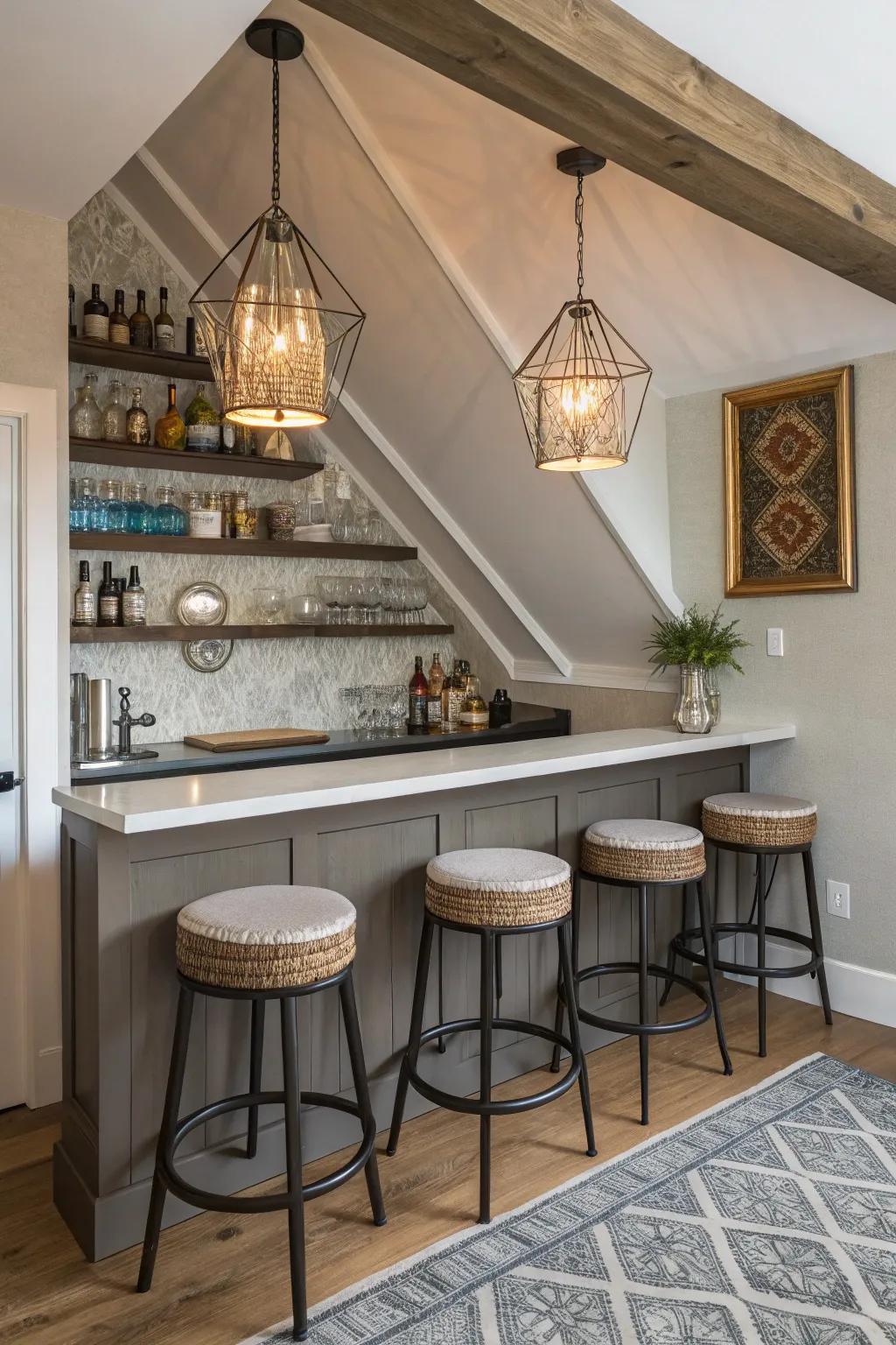 An attic bar for intimate gatherings and relaxation.