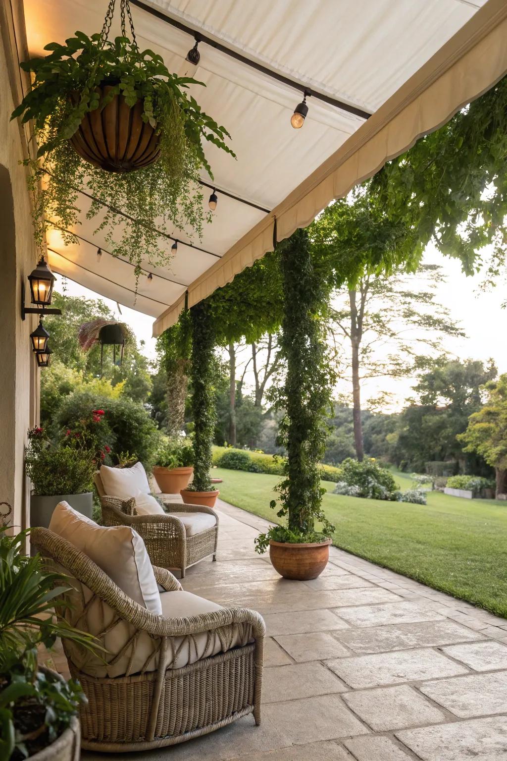 Create a garden oasis with an awning and hanging plants.