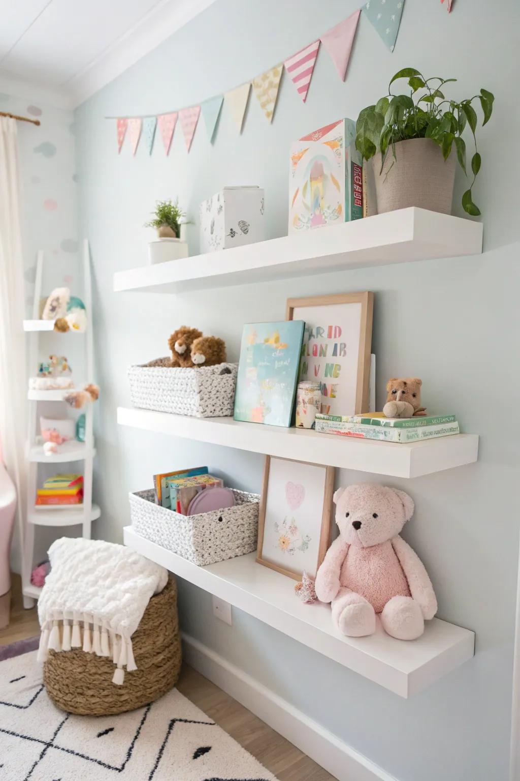 Floating shelves provide stylish storage and display options in a nursery nook.