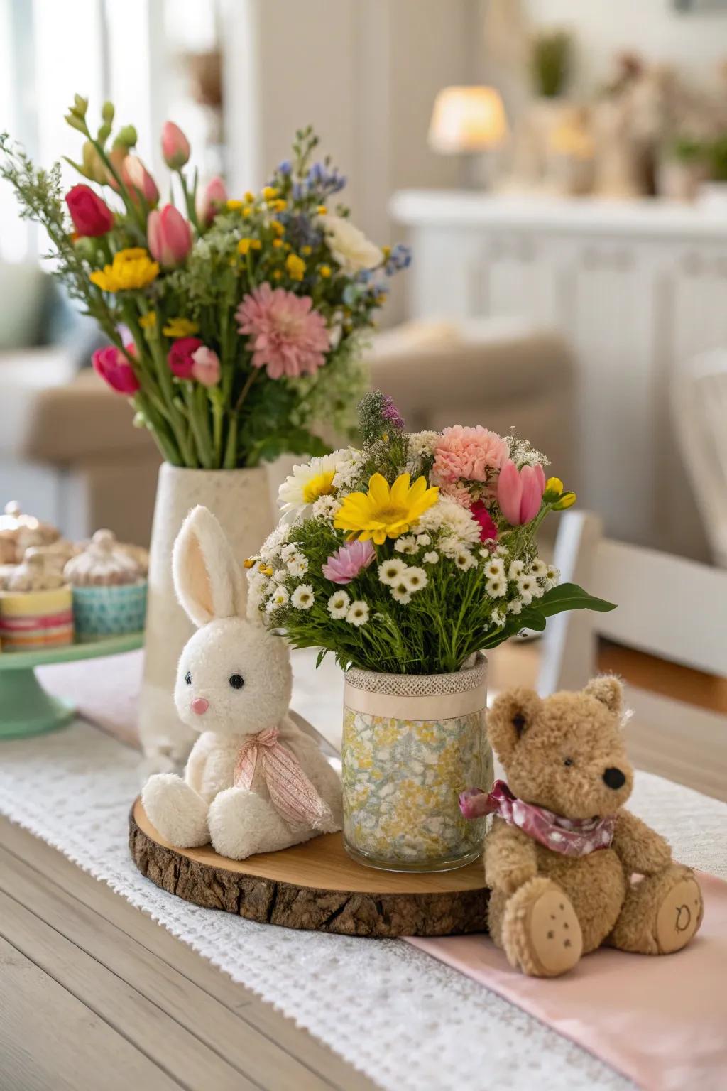 Playful centerpiece with themed figurines.