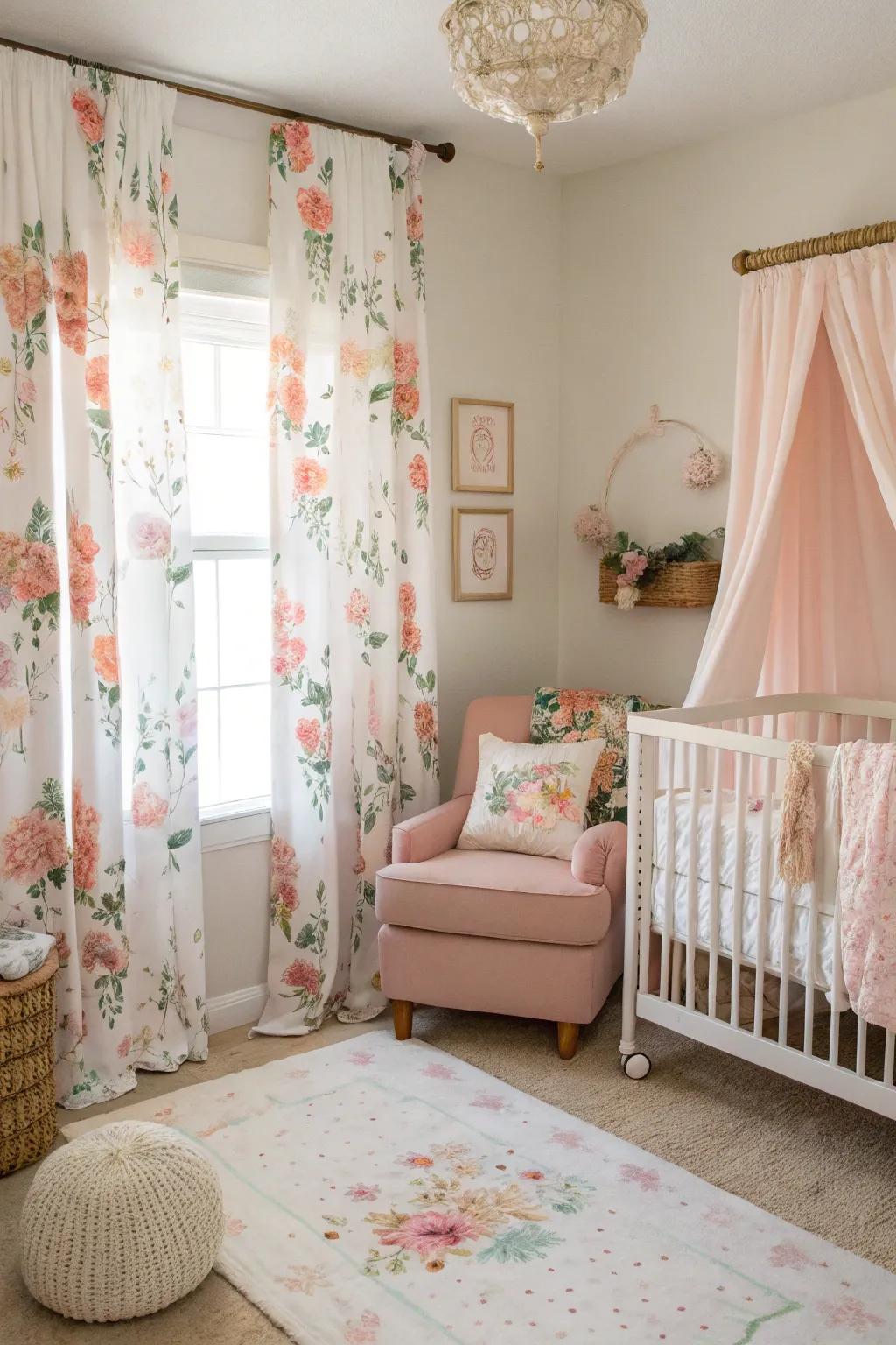 Floral curtains add elegance and frame the nursery beautifully.